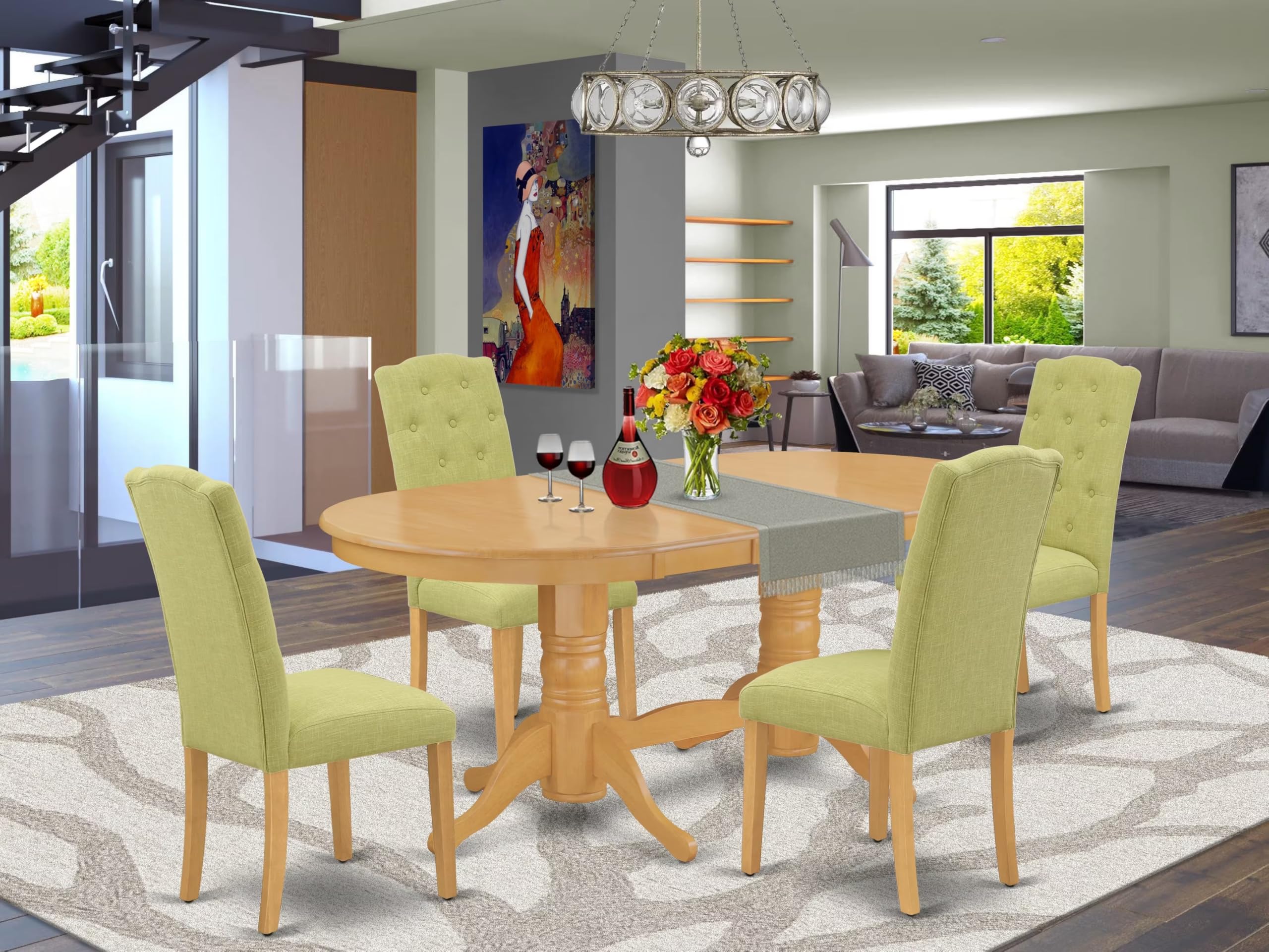 East West Furniture Vace5-Oak-07 5 Piece Dining Room Furniture Set Includes An Oval Wooden Table With Butterfly Leaf And 4 Limelight Linen Fabric Parsons Chairs, 40X76 Inch, Oak